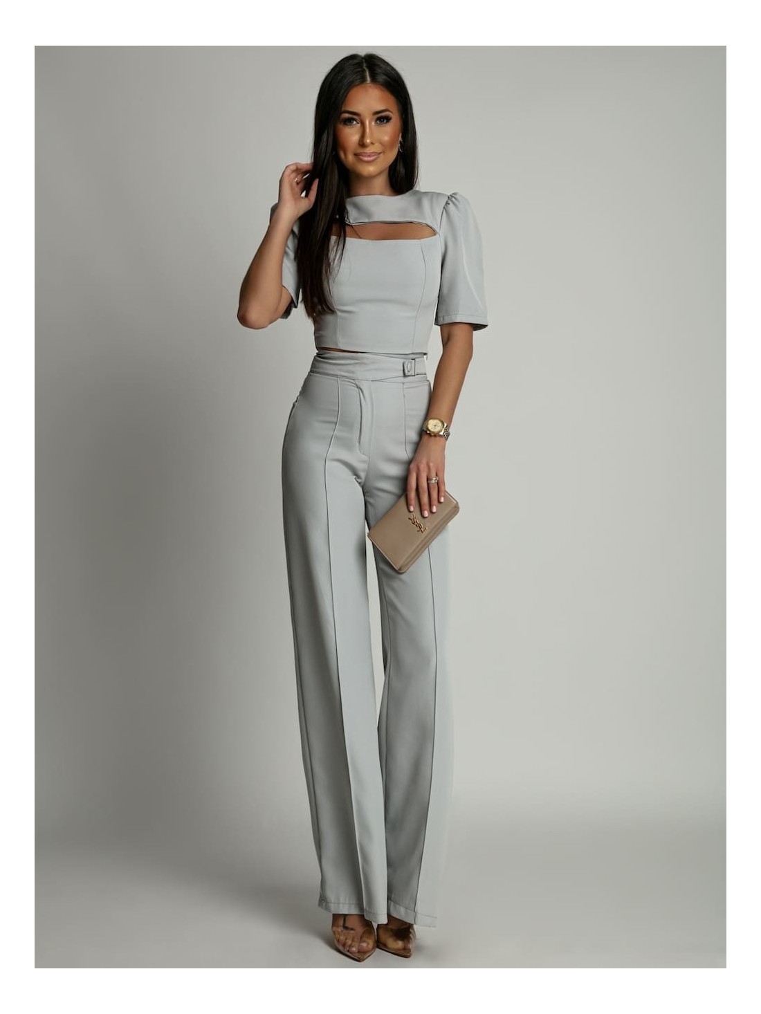 Elegant set of short blouse and wide pants, gray AZR243041